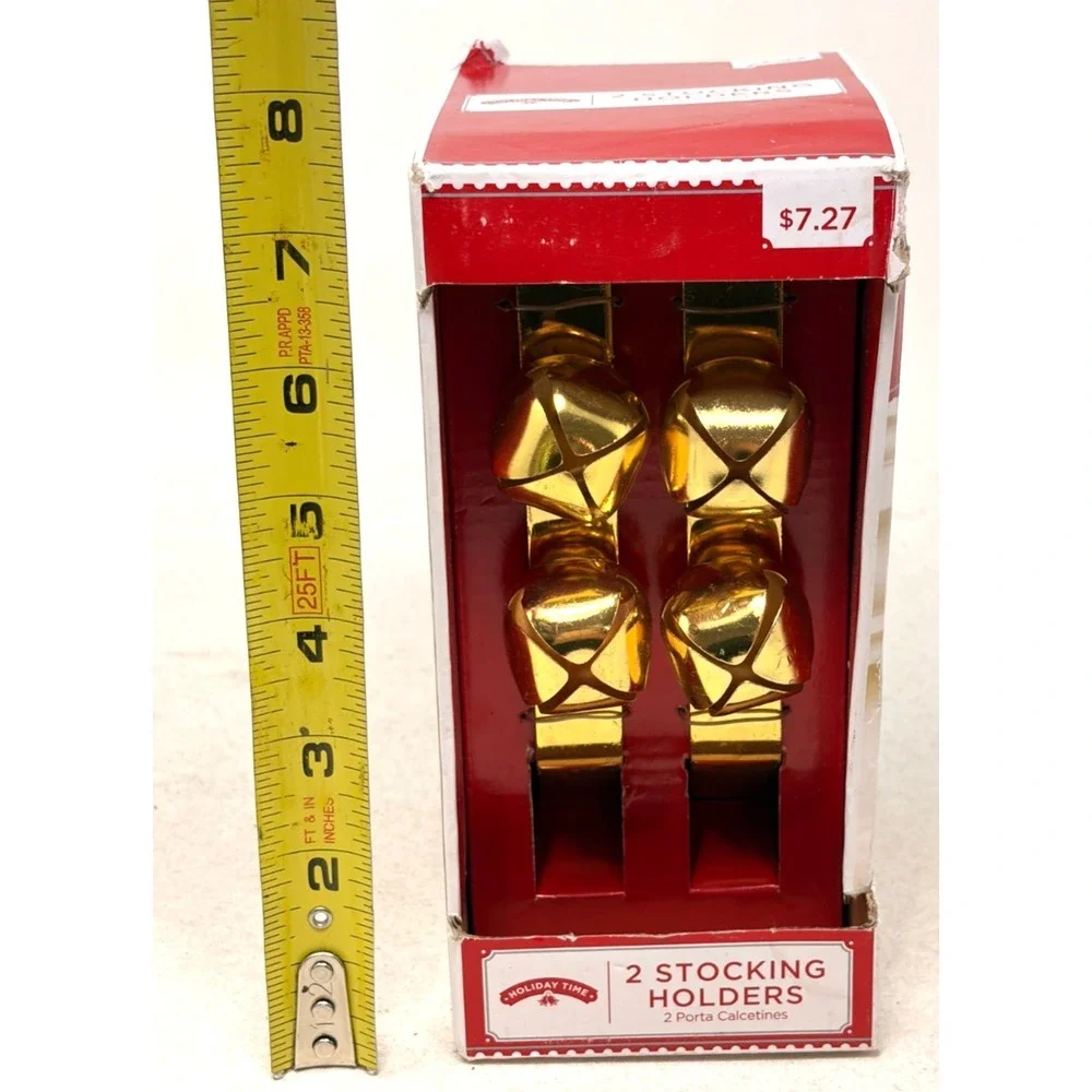 Holiday Time Gold Jingle Bell Stocking Holders Set of 2 Mantel Hangers
